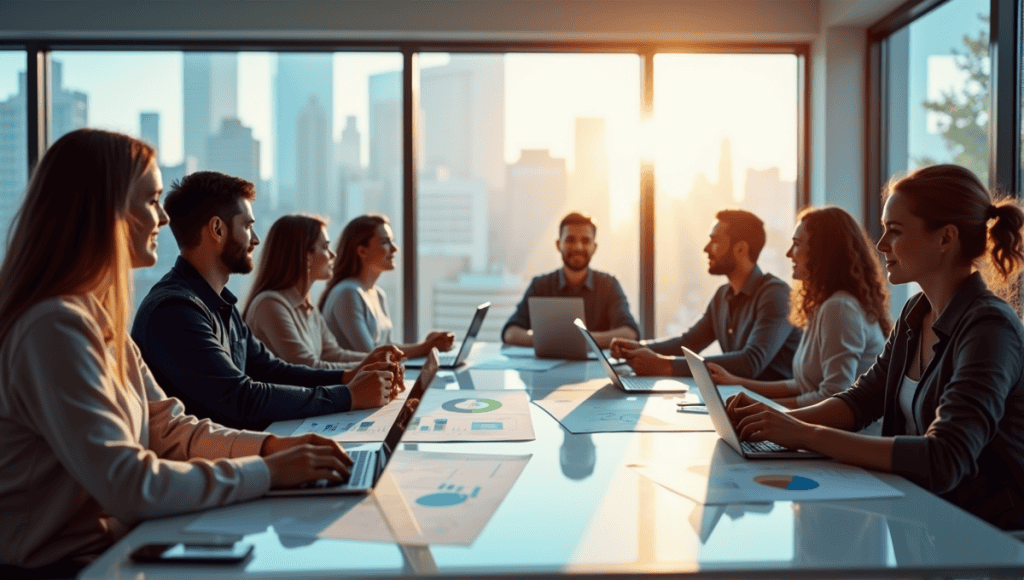 Group of professionals discussing Agile maturity assessment around a modern office table.