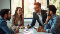 Professionals collaborating in a modern office, surrounded by colorful sticky notes and devices.