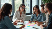 Group of professionals collaborating at a table, discussing strategies with sticky notes.