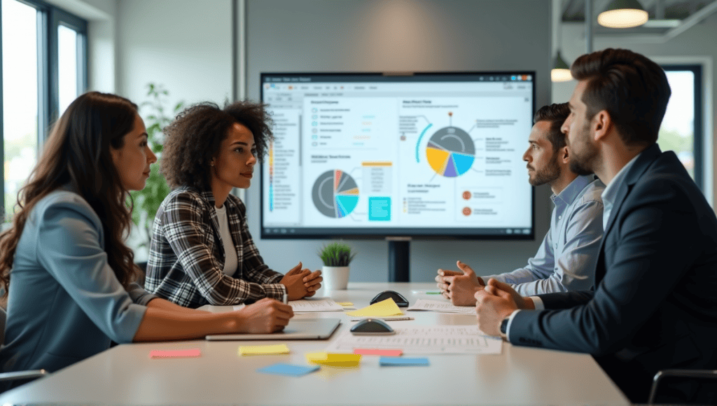 Team of professionals in business casual attire collaborating during a Scrum meeting.