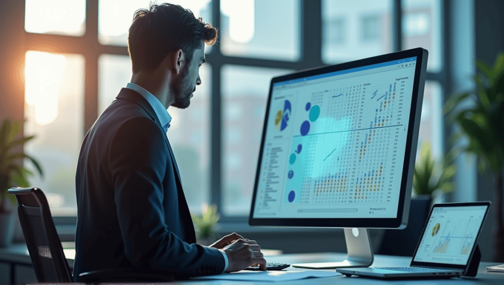 Person in business attire analyzing a large matrix on a screen in a bright workspace.