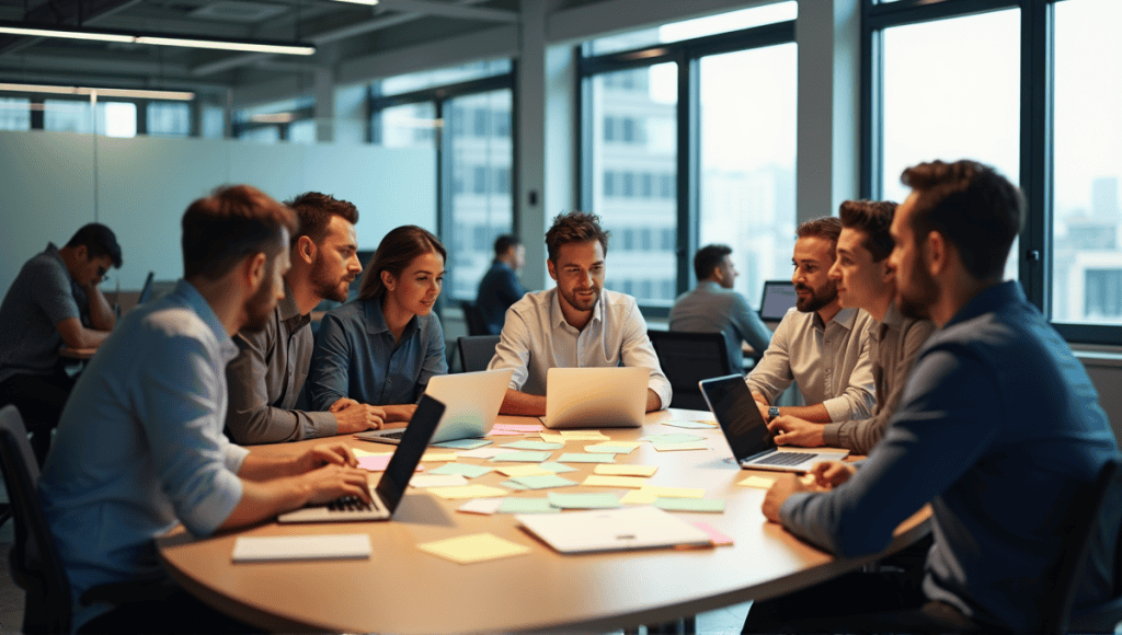 Collaborative team discussing an agile project at a large table with post-it notes.