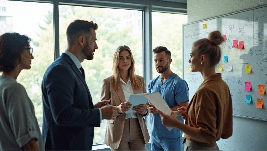 Group of professionals collaborating in a modern office, discussing ideas around a whiteboard.