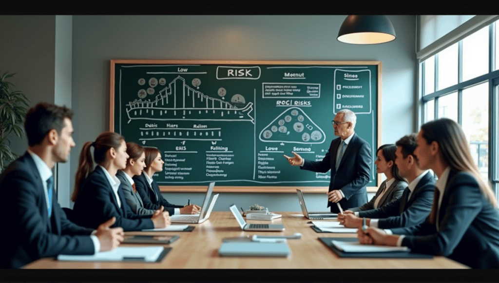 Professional workspace with chalkboard showing risk diagrams and business professionals discussing.