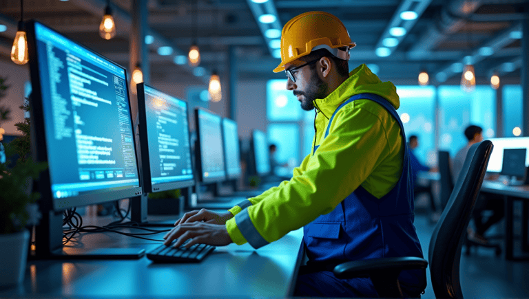 Engineer in blue overalls and high-visibility jacket working in a tech workspace.