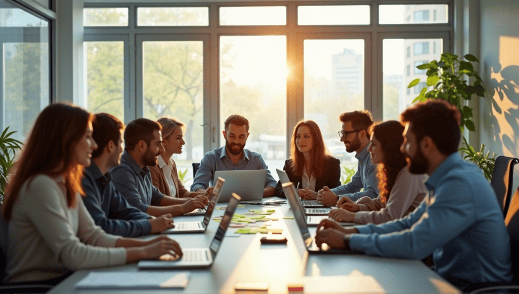 Professionals collaborating on Agile testing concepts at a modern workplace table.