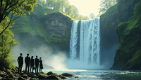 Group of professionals in business attire by a serene waterfall, contemplating agile work transitions.