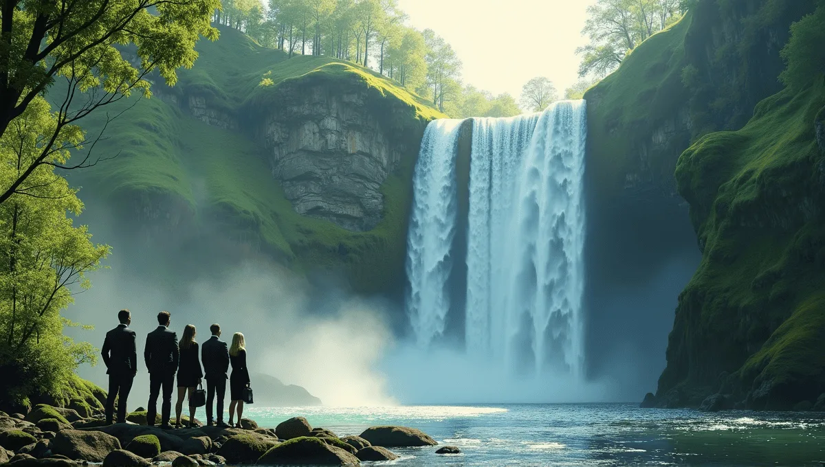 Group of professionals in business attire by a serene waterfall, contemplating agile work transitions.