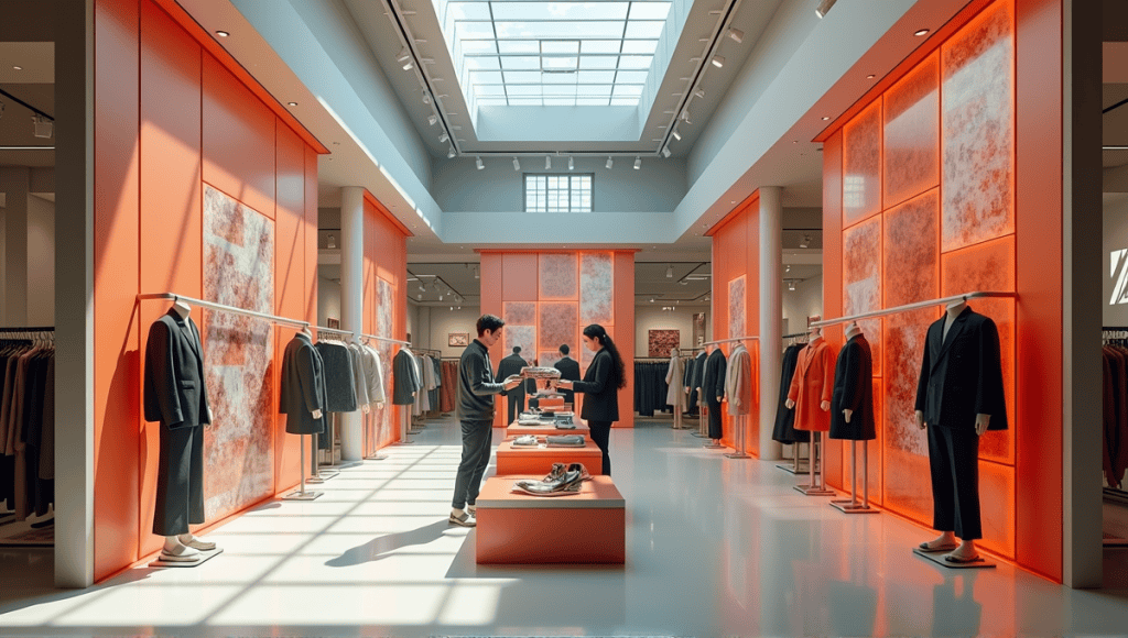 Modern retail space with rapid prototyping, workers interacting, and trendy clothing displays.