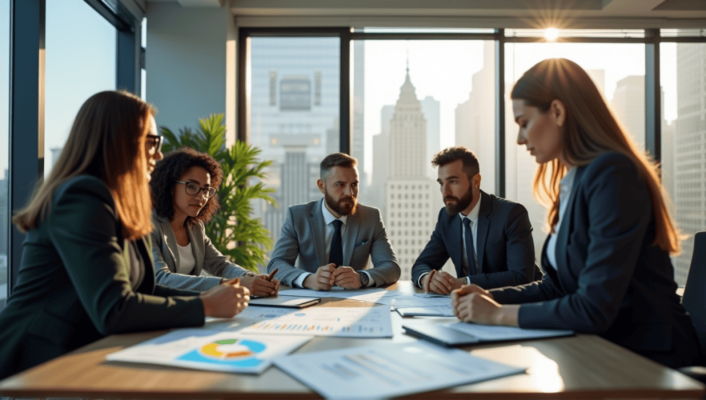 Group of business professionals collaborating around a table in a modern office setting.