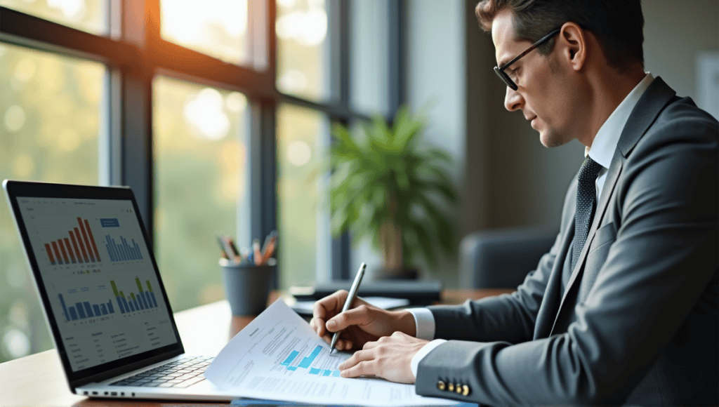 Serene financial advisor in a modern office, analyzing documents and data on a laptop.