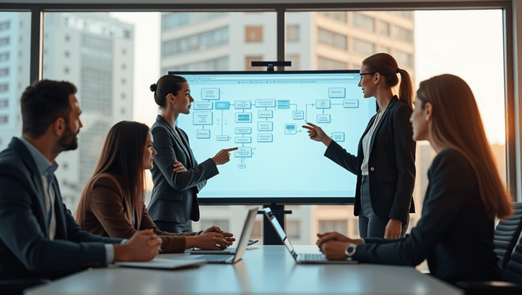 Modern office scene with professionals brainstorming around a conference table and digital screen.