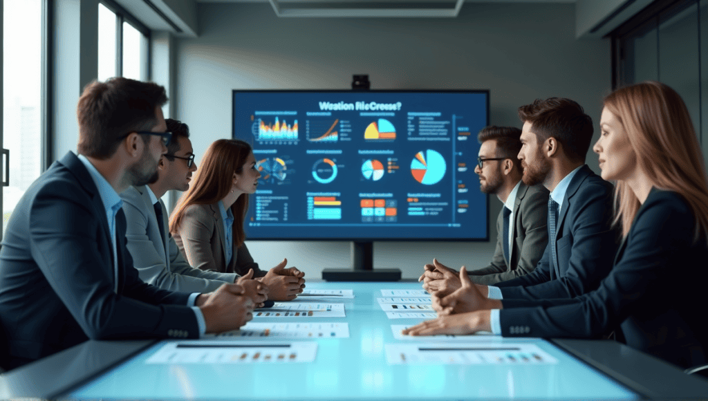 Professionals collaboratively analyzing risk burndown charts around a sleek conference table in a modern office.