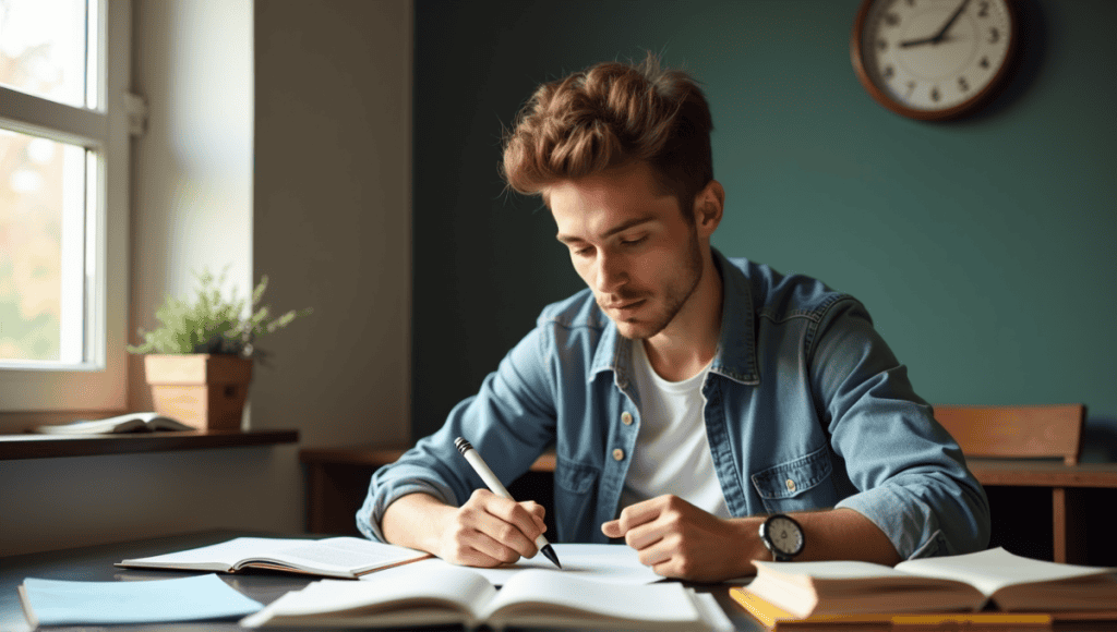 Focused student studying for Agile certification, surrounded by textbooks and organized notes.