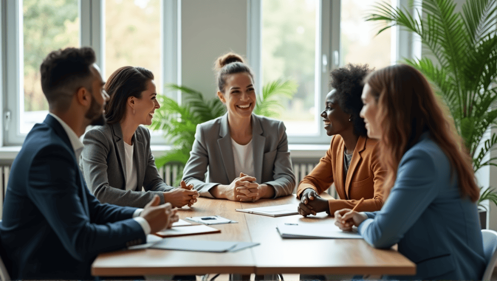 A collaborative team meeting around a conference table, discussing ideas and sharing notes.