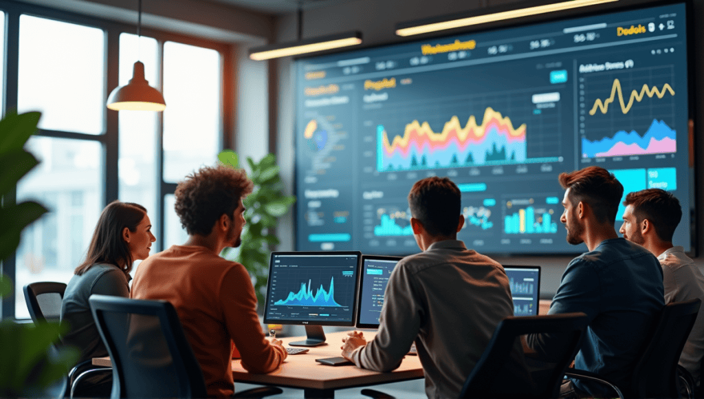 A team of software developers collaborating around a digital board in a modern office.