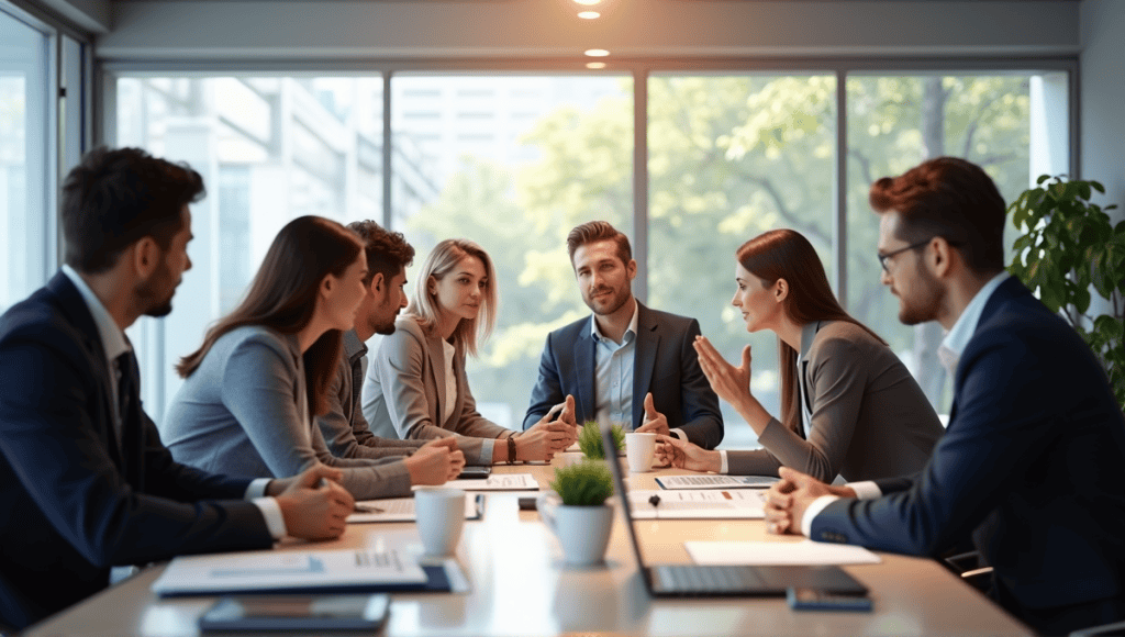 Team of professionals discussing Agile resource allocation at a modern conference table.