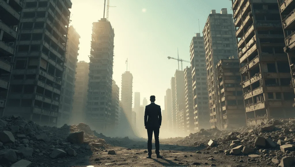 Fragmented cityscape with crumbling buildings and a shadowy figure illustrating technical debt challenges.