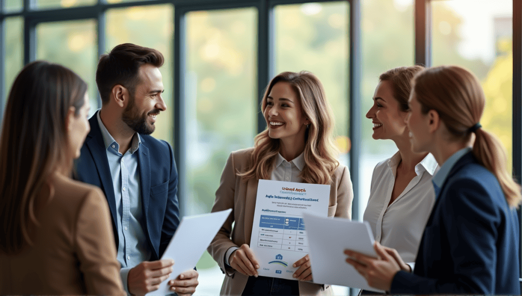 Group of professionals discussing Agile certifications with charts in a modern office setting.