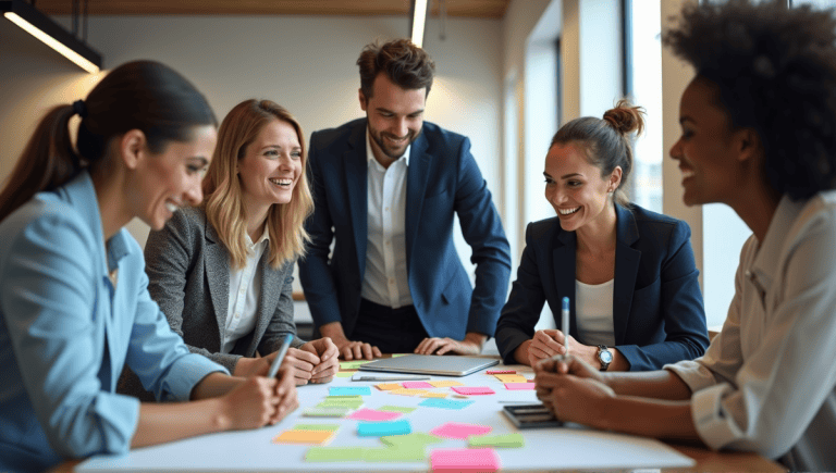 A team of professionals collaborating in a modern office during a brainstorming session.