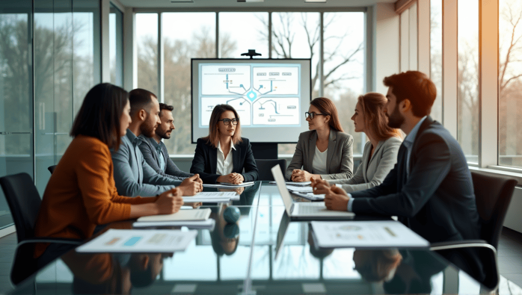 Team of professionals discussing Agile methodologies at a modern conference table.