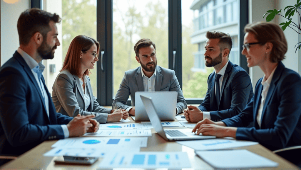 Group of professionals discussing risk assessment techniques around a table with documents and charts.