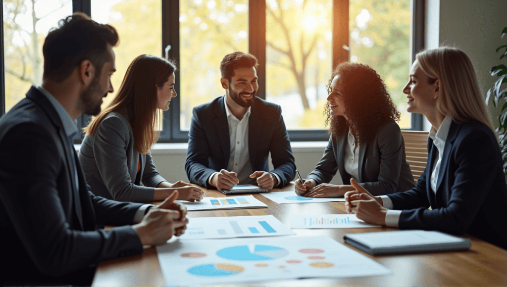 Business leaders discussing Agile strategies at a conference table with charts and documents.