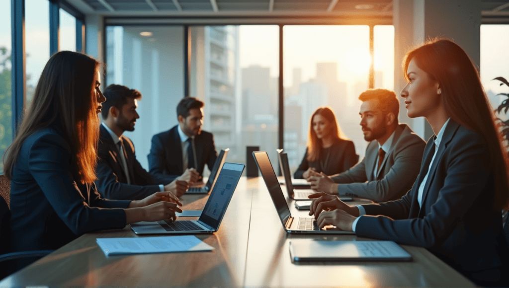 Modern office scene with professionals discussing IT strategies around a large table.