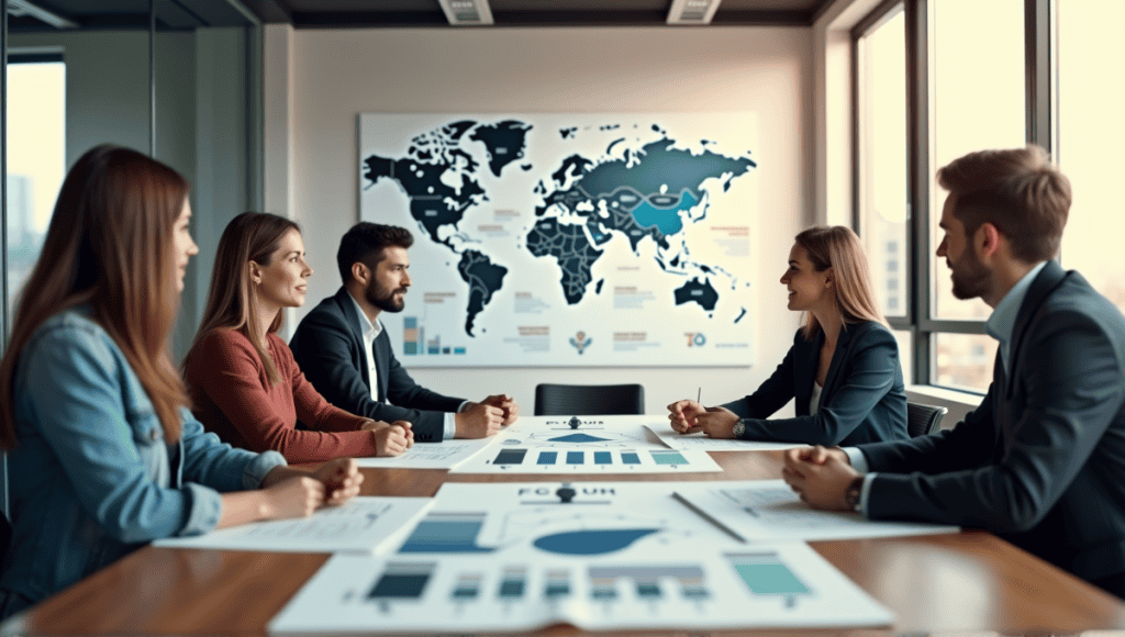 Professionals collaborating in a Scrum meeting at a modern conference table with charts.