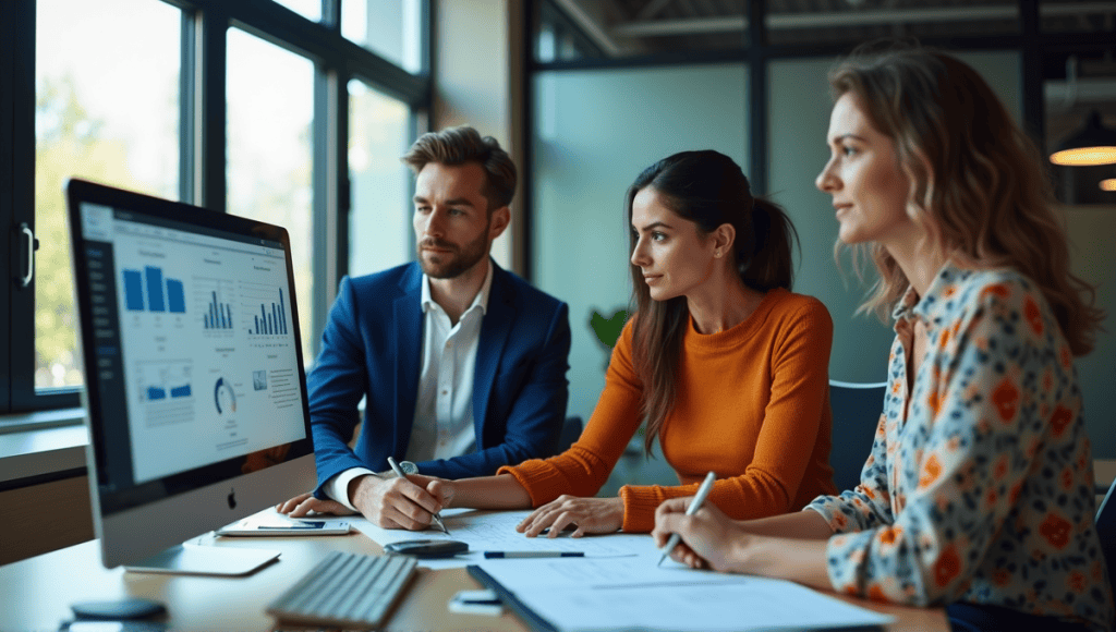 Group of professionals collaborating in a modern office with digital screens and graphs.