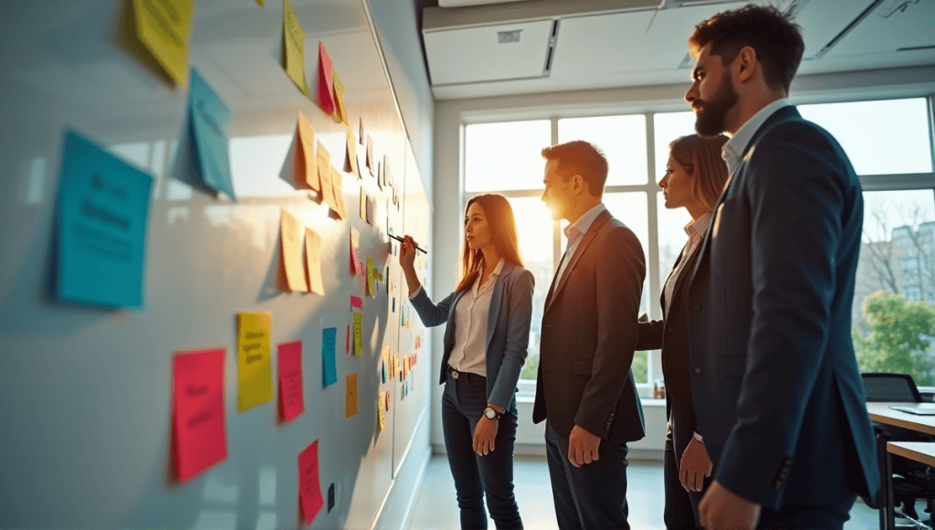 Group of professionals collaborating around a whiteboard filled with sticky notes and charts.