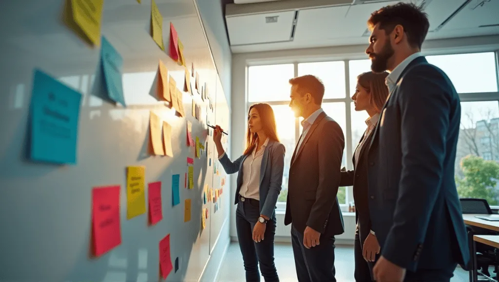 Group of professionals collaborating around a whiteboard filled with sticky notes and charts.