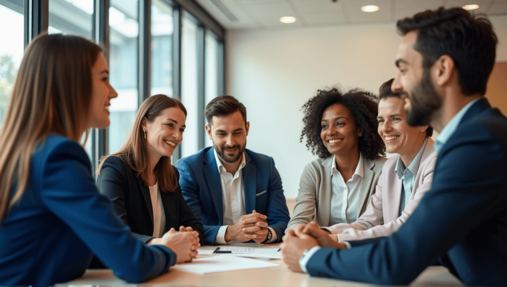 Group of professionals collaborating in a modern office, exemplifying teamwork and openness.