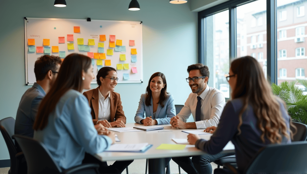 Professionals collaborating in an Agile requirements gathering session at a modern conference table.