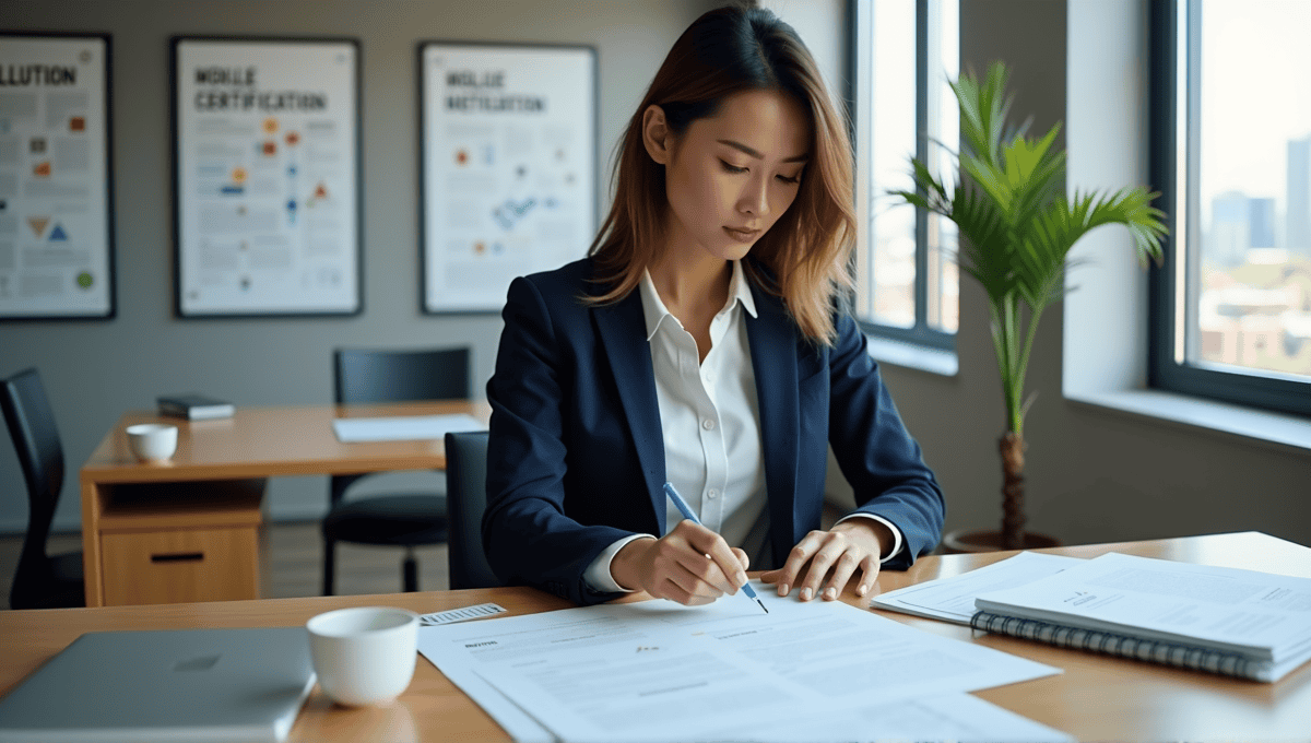 Professional woman in navy blazer studying Agile certification materials in modern office.