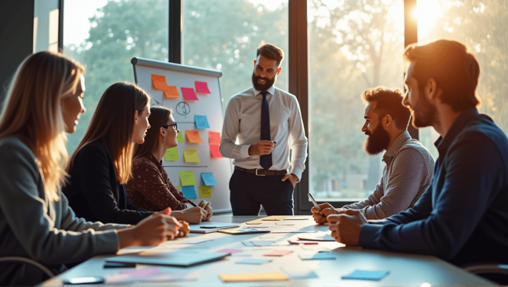 Group of professionals brainstorming with sticky notes and diagrams in a modern office.