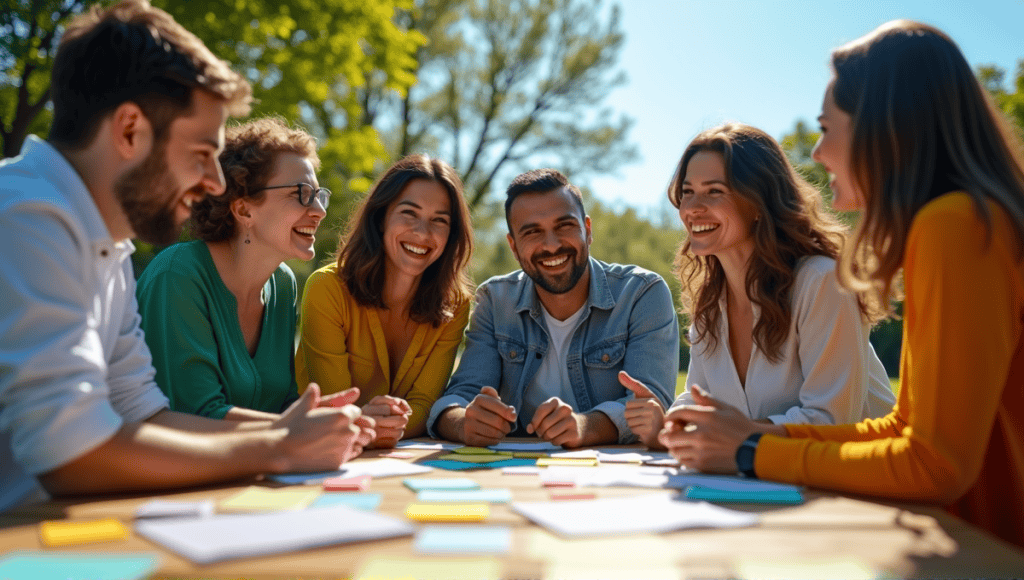 Agile team members engaging in a trust-building activity outdoors in a vibrant park.