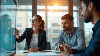 Professionals collaborating in a modern office during a dynamic project management meeting.