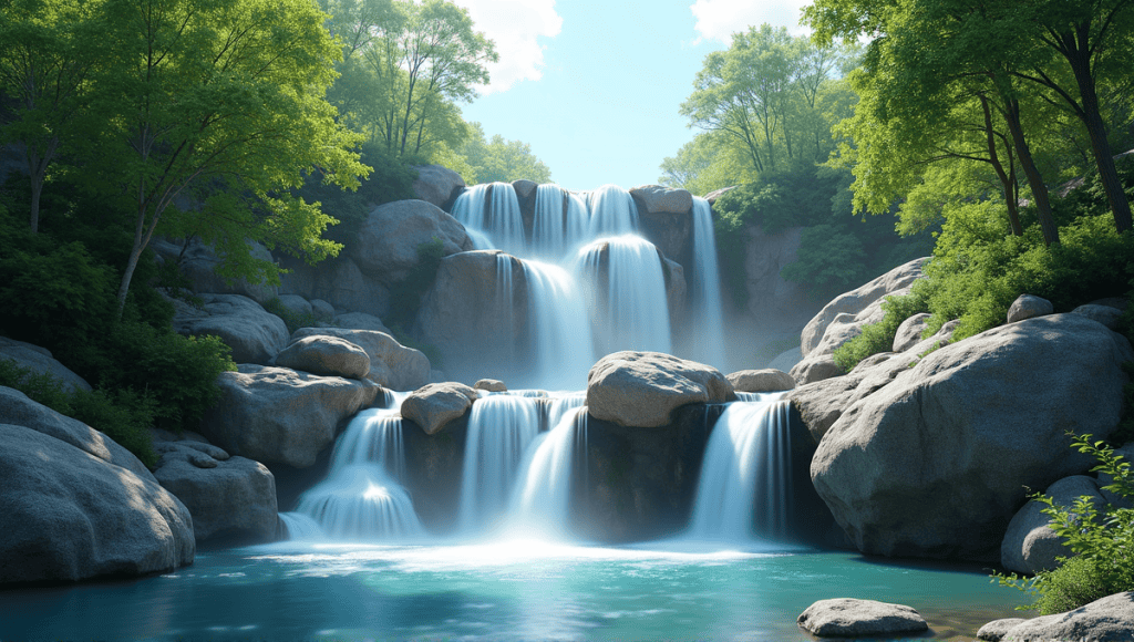 Serene waterfall cascading over smooth rocks, surrounded by lush greenery and clear blue sky.