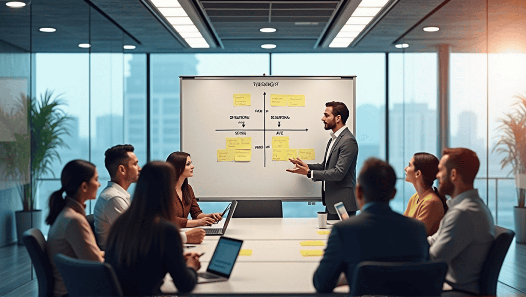Professional conference room displaying the Eisenhower Matrix with collaborative team discussion.