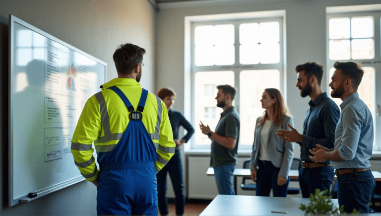 Group of professionals discussing technical debt in a bright office environment.