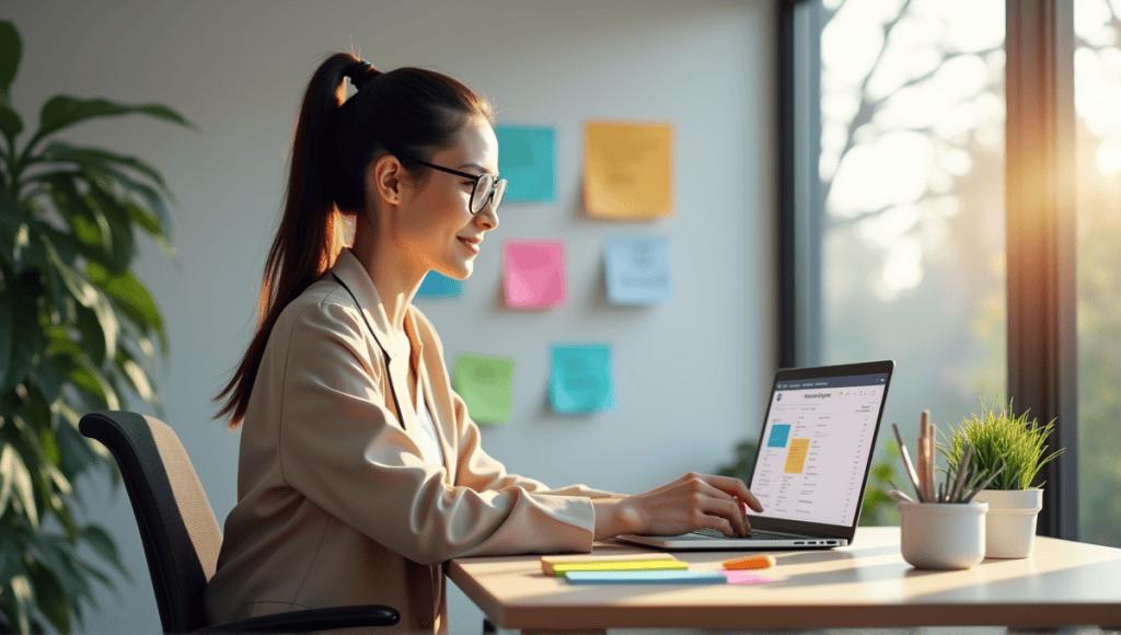 Focused professional at modern desk with colorful sticky notes and organized laptop display.