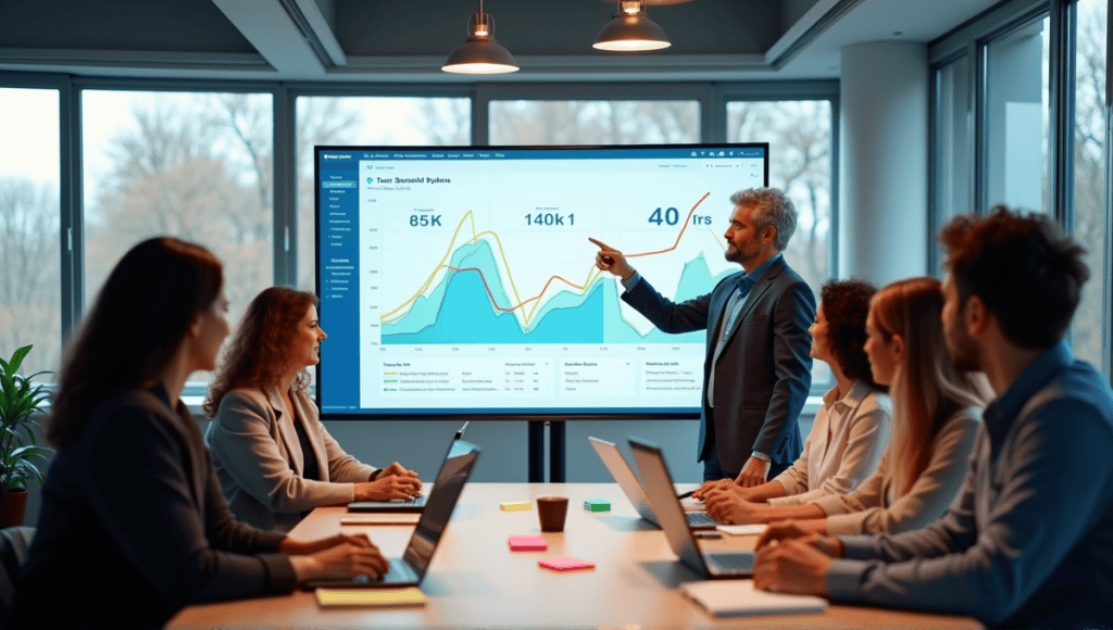 Professionals collaborating in a modern office, discussing sprint burndown charts and Agile success.