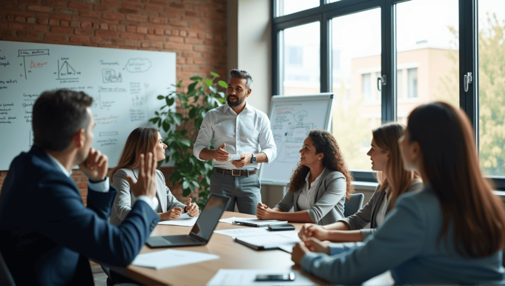 Professionals in a meeting, displaying various expressions, addressing agile governance challenges in a corporate setting.