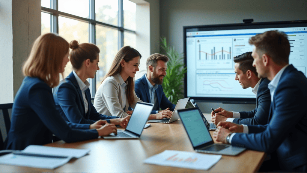 Group of professionals collaborating around a modern conference table with risk assessment tools.