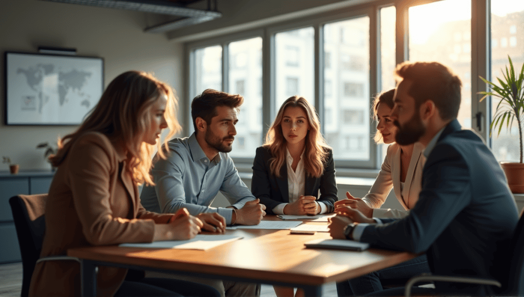 Group of professionals engaged in a collaborative meeting around a table in a modern office.