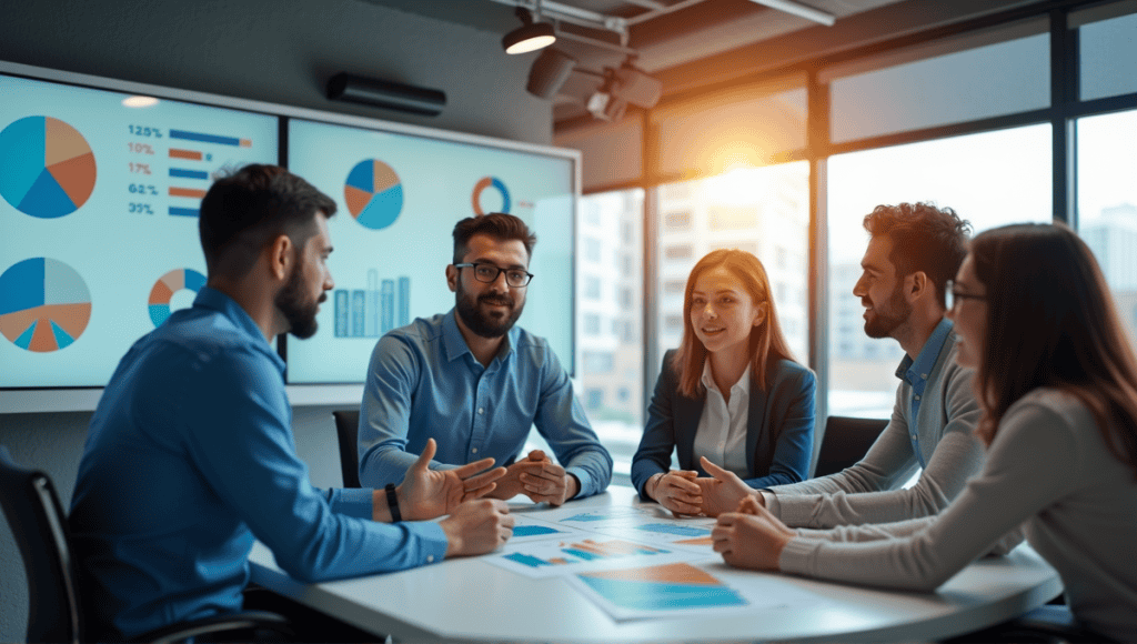 A group of professionals collaborating in a modern office with charts and digital displays.