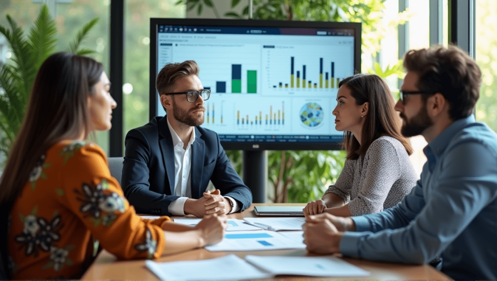 Team of professionals analyzing charts in a modern office during a meeting.