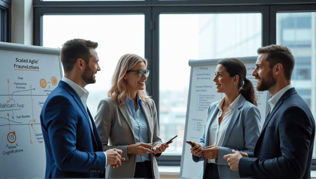 Group of professionals discussing Scaled Agile Framework certifications in a modern office.