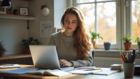 Focused young professional at a modern desk with notebooks and laptop in a home office.